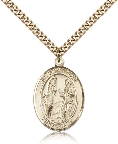 St. Genevieve Medal, Gold Filled, Large - 24&quot; 2.4mm Gold Plated Chain + Clasp