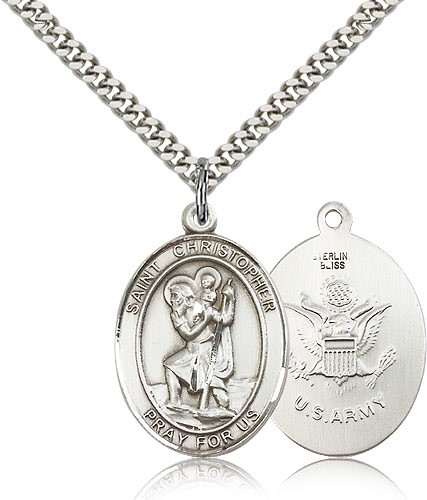 St. Christopher Army Medal, Sterling Silver, Large - 24&quot; 2.4mm Rhodium Plate Chain + Clasp
