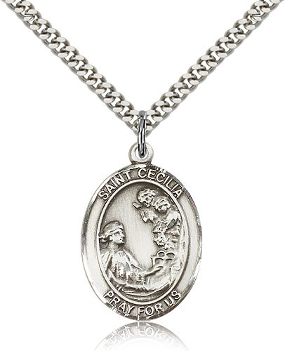 St. Cecilia Medal, Sterling Silver, Large - 24&quot; 2.4mm Rhodium Plate Chain + Clasp