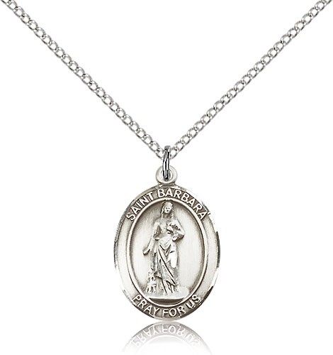 St. Barbara Medal, Sterling Silver, Medium - 18&quot; 1.2mm Sterling Silver Chain + Clasp