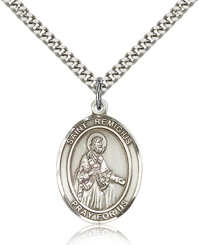 St. Remigius of Reims Medal, Sterling Silver, Large - 24&quot; 2.4mm Rhodium Plate Chain + Clasp