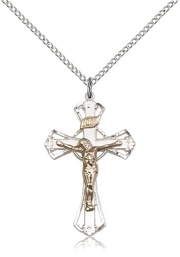 Crucifix Pendant, Two-Tone - 18&quot; 1.2mm Sterling Silver Chain + Clasp