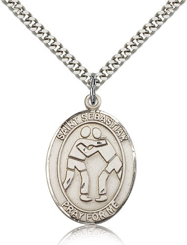 St. Sebastian Wrestling Medal, Sterling Silver, Large - 24&quot; 2.4mm Rhodium Plate Chain + Clasp