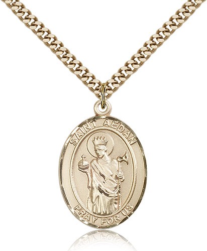 St. Aedan of Ferns Medal, Gold Filled, Large - 24&quot; 2.4mm Gold Plated Chain + Clasp