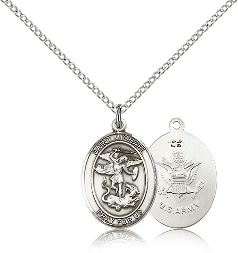 St. Michael Army Medal, Sterling Silver, Medium - 18&quot; 1.2mm Sterling Silver Chain + Clasp