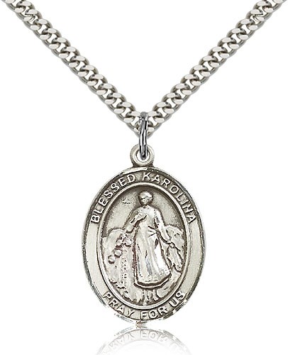Blessed Karolina Kozkowna Medal, Sterling Silver, Large - 24&quot; 2.4mm Rhodium Plate Chain + Clasp