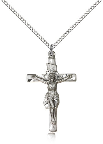 Crucifix Pendant, Sterling Silver - 18&quot; 1.2mm Sterling Silver Chain + Clasp