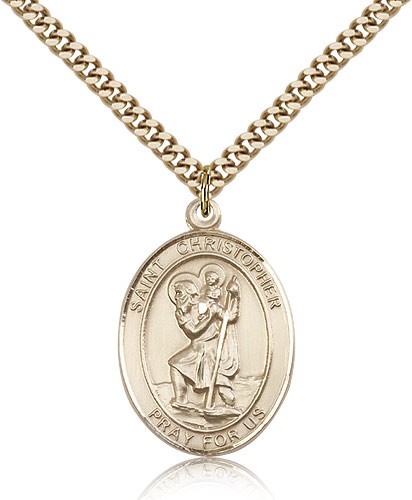 St. Christopher Medal, Gold Filled, Large - 24&quot; 2.4mm Gold Plated Chain + Clasp