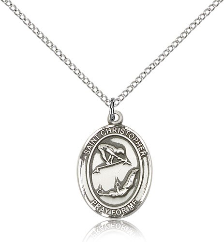 St Christopher Gymnastics Medal, Sterling Silver, Medium - 18&quot; 1.2mm Sterling Silver Chain + Clasp
