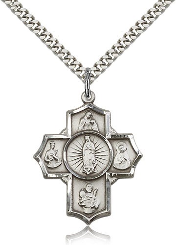5 Way Cross Motherhood Medal, Sterling Silver - 24&quot; 2.4mm Rhodium Plate Endless Chain