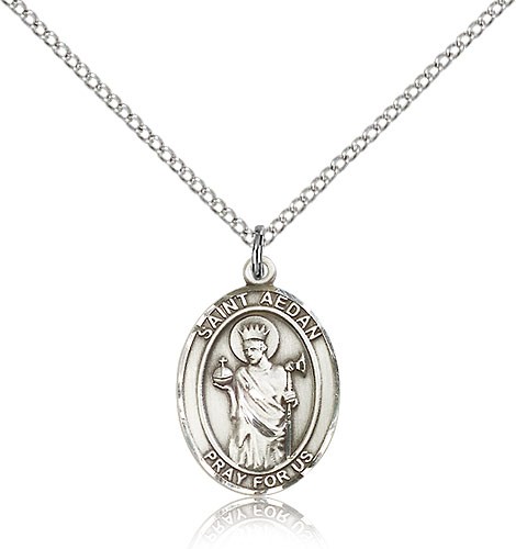 St. Aedan of Ferns Medal, Sterling Silver, Medium - 18&quot; 1.2mm Sterling Silver Chain + Clasp