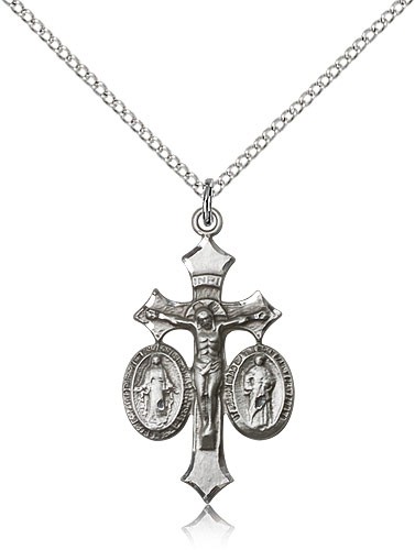 Jesus, Mary and Joseph Medal, Sterling Silver - 18&quot; 1.2mm Sterling Silver Chain + Clasp