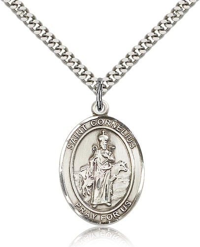 St. Cornelius Medal, Sterling Silver, Large - 24&quot; 2.4mm Rhodium Plate Chain + Clasp