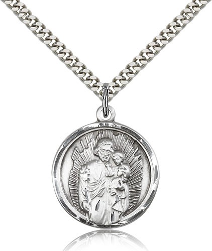 St. Joseph Medal, Sterling Silver - 24&quot; 2.4mm Rhodium Plate Endless Chain