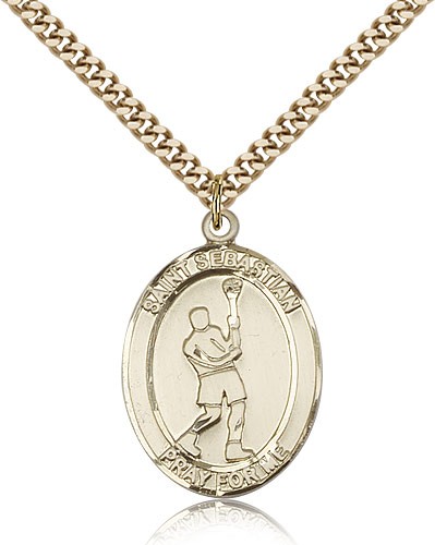 St. Sebastian Lacrosse Medal, Gold Filled, Large - 24&quot; 2.4mm Gold Plated Chain + Clasp