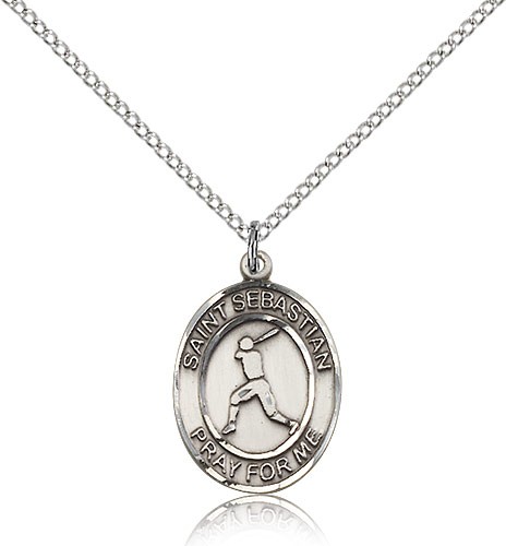 St. Sebastian Baseball Medal, Sterling Silver, Medium - 18&quot; 1.2mm Sterling Silver Chain + Clasp