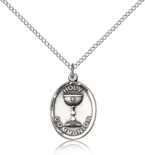 Holy Communion Medal, Sterling Silver - 18&quot; 1.2mm Sterling Silver Chain + Clasp