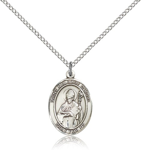 St. Malachy O'more Medal, Sterling Silver, Medium - 18&quot; 1.2mm Sterling Silver Chain + Clasp