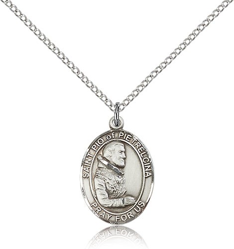 St. Pio of Pietrelcina Medal, Sterling Silver, Medium - 18&quot; 1.2mm Sterling Silver Chain + Clasp