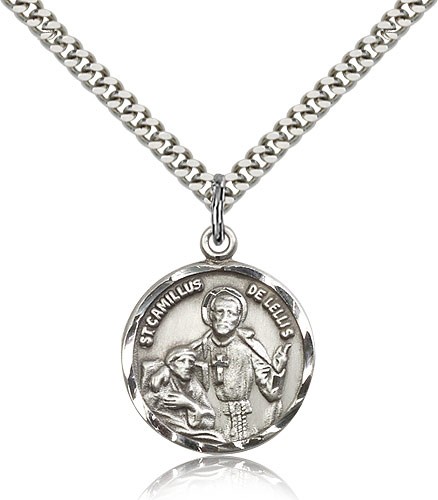 St. Camillus of Lellis Medal, Sterling Silver - 24&quot; 2.4mm Rhodium Plate Endless Chain