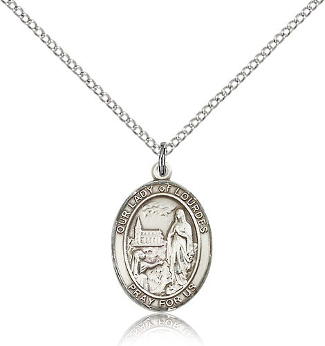Our Lady of Lourdes Medal, Sterling Silver, Medium - 18&quot; 1.2mm Sterling Silver Chain + Clasp