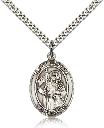 St. Ursula Medal, Sterling Silver, Large - 24&quot; 2.4mm Rhodium Plate Chain + Clasp