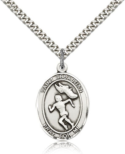 St. Sebastian Track and Field Medal, Sterling Silver, Large - 24&quot; 2.4mm Rhodium Plate Chain + Clasp
