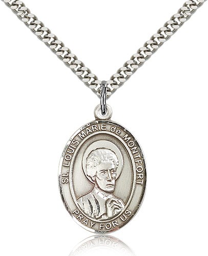 St. Louis Marie De Montfort Medal, Sterling Silver, Large - 24&quot; 2.4mm Rhodium Plate Chain + Clasp