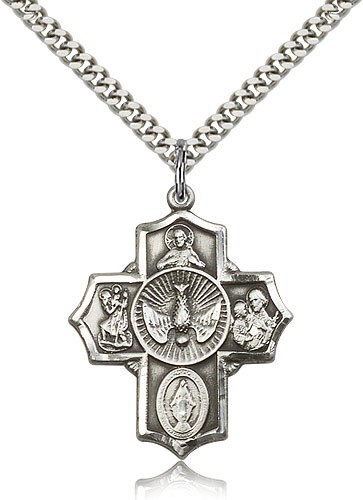 Men's Sterling Silver 5 Way Cross with Dove Pendant - 24&quot; 2.4mm Rhodium Plate Endless Chain