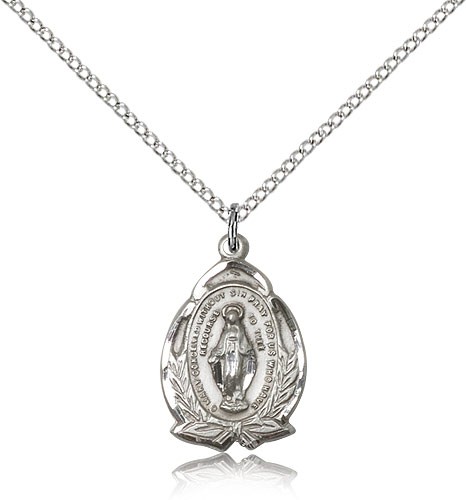 Miraculous Medal, Sterling Silver - 18&quot; 1.2mm Sterling Silver Chain + Clasp