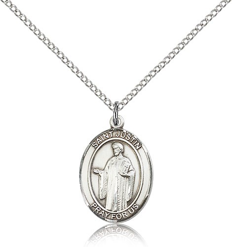 St. Justin Medal, Sterling Silver, Medium - 18&quot; 1.2mm Sterling Silver Chain + Clasp