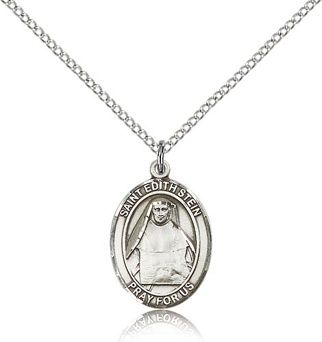 St. Edith Stein Medal, Sterling Silver, Medium - 18&quot; 1.2mm Sterling Silver Chain + Clasp