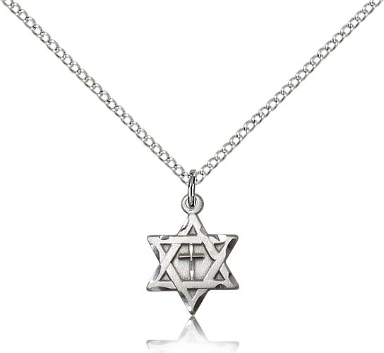 Star of David with Cross Pendant, Sterling Silver - 18&quot; 1.2mm Sterling Silver Chain + Clasp