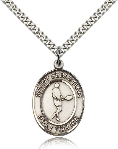 St. Sebastian Tennis Medal, Sterling Silver, Large - 24&quot; 2.4mm Rhodium Plate Chain + Clasp