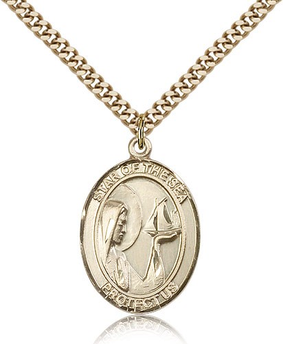 Our Lady Star of the Sea Medal, Gold Filled, Large - 24&quot; 2.4mm Gold Plated Chain + Clasp