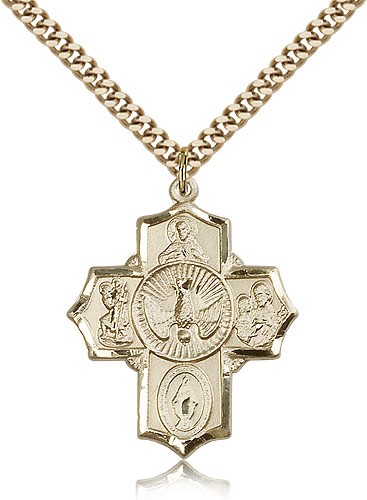 5 Way Cross Pendant, Gold Filled - 24&quot; 2.4mm Gold Plated Endless Chain