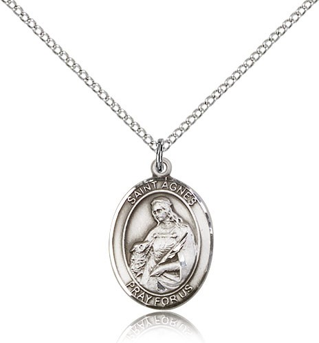 St. Agnes of Rome Medal, Sterling Silver, Medium - 18&quot; 1.2mm Sterling Silver Chain + Clasp