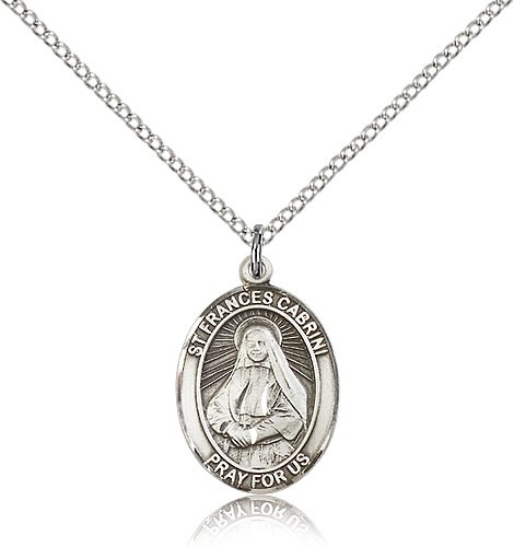 St. Frances Cabrini Medal, Sterling Silver, Medium - 18&quot; 1.2mm Sterling Silver Chain + Clasp