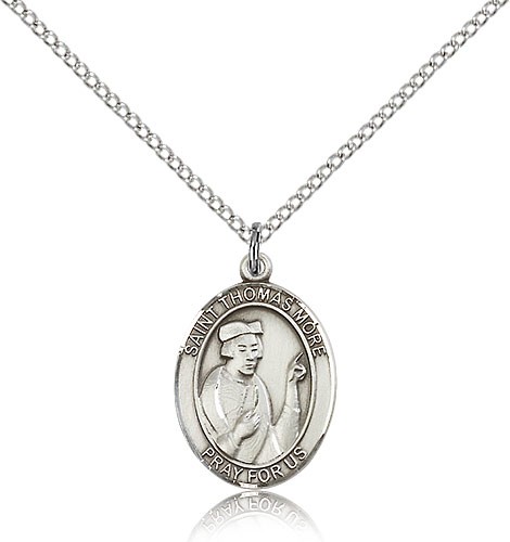 St. Thomas More Medal, Sterling Silver, Medium - 18&quot; 1.2mm Sterling Silver Chain + Clasp