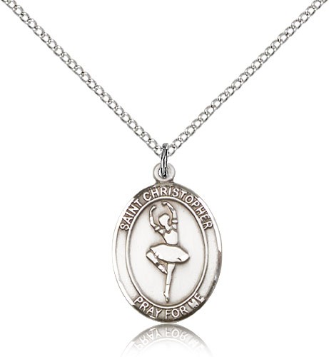 St. Christopher Dance Medal, Sterling Silver, Medium - 18&quot; 1.2mm Sterling Silver Chain + Clasp