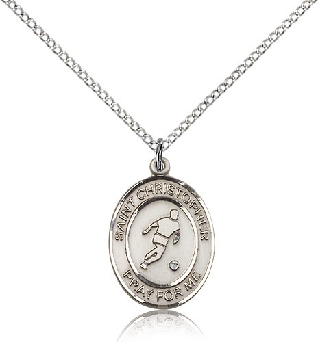 St. Christopher Soccer Medal, Sterling Silver, Medium - 18&quot; 1.2mm Sterling Silver Chain + Clasp