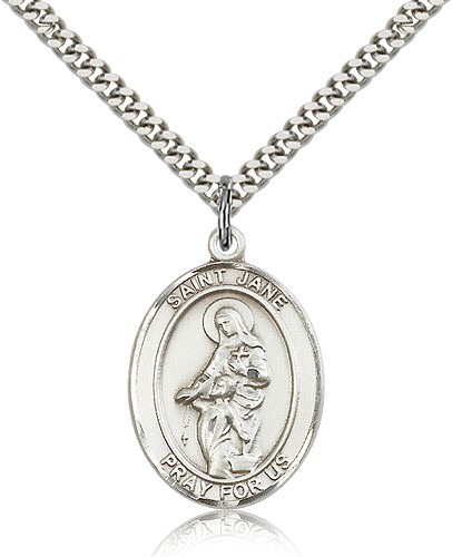 St. Jane of Valois Medal, Sterling Silver, Large - 24&quot; 2.4mm Rhodium Plate Chain + Clasp