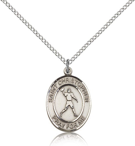 St. Christopher Football Medal, Sterling Silver, Medium - 18&quot; 1.2mm Sterling Silver Chain + Clasp