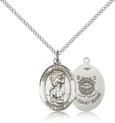 St. Christopher Coast Guard Medal, Sterling Silver, Medium - 18&quot; 1.2mm Sterling Silver Chain + Clasp