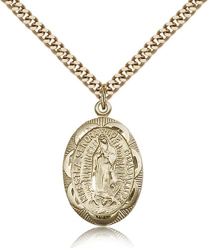 Our Lady of Guadalupe Medal, Gold Filled - 24&quot; 2.4mm Gold Plated Endless Chain