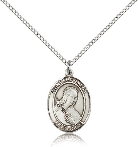 St. Philomena Medal, Sterling Silver, Medium - 18&quot; 1.2mm Sterling Silver Chain + Clasp