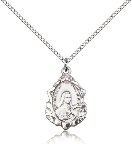 St. Theresa Medal, Sterling Silver - 18&quot; 1.2mm Sterling Silver Chain + Clasp