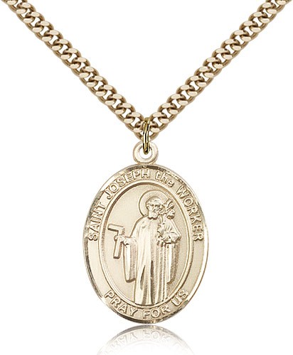 St. Joseph the Worker Medal, Gold Filled, Large - 24&quot; 2.4mm Gold Plated Chain + Clasp