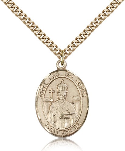 St. Leo the Great Medal, Gold Filled, Large - 24&quot; 2.4mm Gold Plated Chain + Clasp