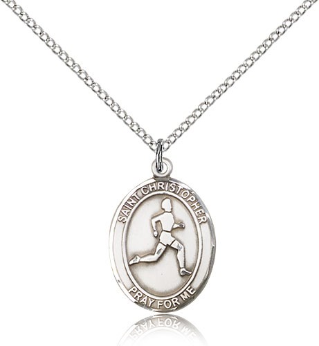 St. Christopher Track and Field Medal, Sterling Silver, Medium - 18&quot; 1.2mm Sterling Silver Chain + Clasp
